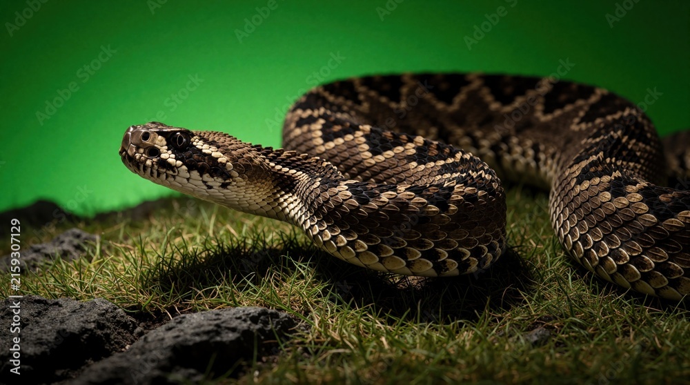 Obraz premium Close up of venomous snake crawling on grass, rocks. Wild reptile slithers through green habitat with dark scale patterns. Predator moves across textured ground in nature, looking dangerous,