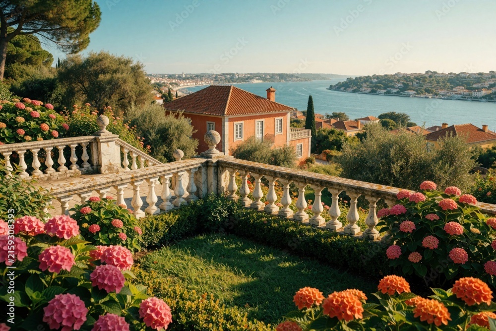 Fototapeta premium Elegant villa with flowering hydrangeas overlooks calm blue river and coastal town. Sunny day in Europe. Scenic historic estate garden with stone balustrade. Nice view.