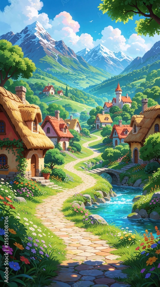 Obraz premium Scenic village pathway with cozy cottages, thatched roofs. Winding stone road leads through rich green hills toward snowy mountains. Bright summer day with blue sky, river flowing by stone bridge,