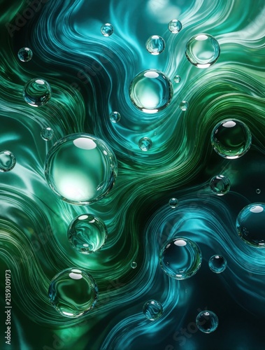 Emerald and teal abstract waves with floating clear water bubbles. Smooth glossy fluid motion creates a dynamic background for digital art and design.