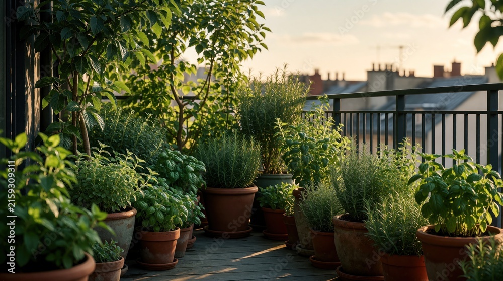 Fototapeta premium Urban balcony garden overflowing with green potted herbs and leafy plants. Pots sit on deck with city rooftops visible in background. Sunlight illuminates lush foliage, creating peaceful home oasis.