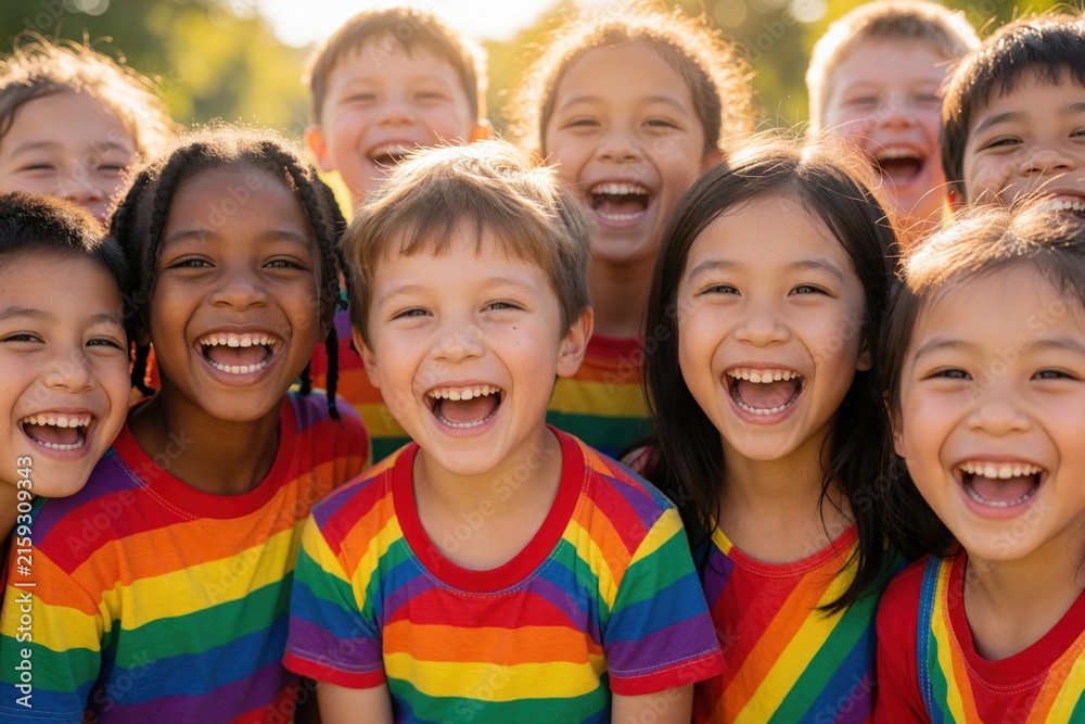 Obraz premium Children in colorful rainbow-striped t-shirts smile broadly, mouths open in laughter, arms raised spread wide, in bright outdoor daylight, fresh, cheerful, youthful, playful energy, diversity,