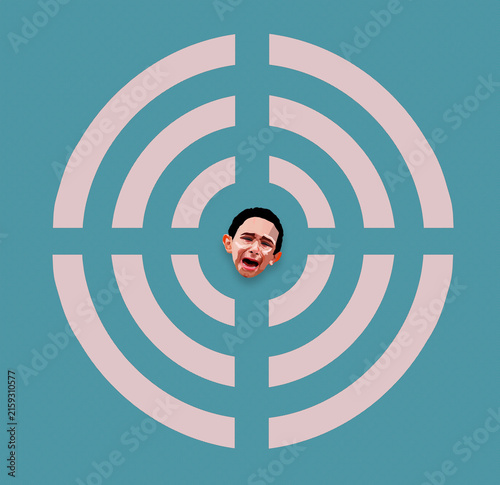 An illustration featuring four speaker sound-wave icons centered around a boy's crying face, symbolizing a child overwhelmed by deafening noise, chaos, and distress.