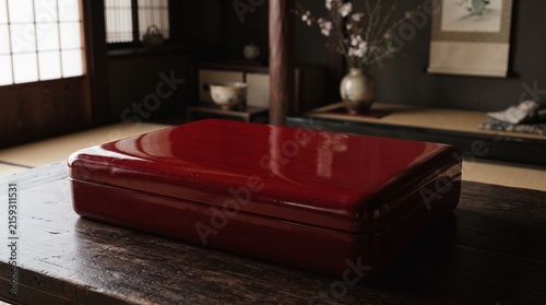 A glossy red lacquered box sits on a dark wooden table inside a traditional Japanese room