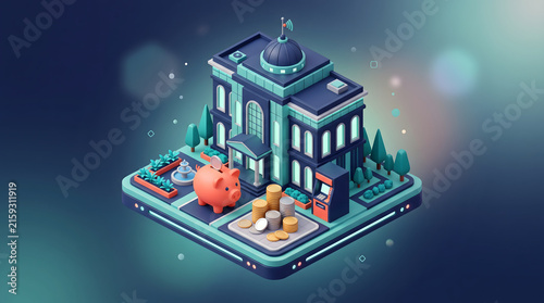 Bank building with piggy bank and coins isometric 3d render