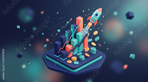 Business growth rocket launch with financial chart and coins