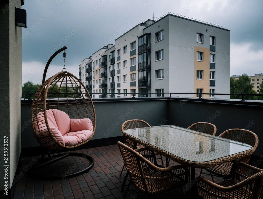 Fototapeta premium Modern apartment terrace with outdoor furniture. Wicker egg chair with pink cushion, glass dining table with four chairs sit on balcony. Large residential building, city cityscape in background under