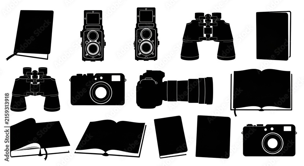 Fototapeta premium Silhouette Collection of Travel Essentials including Cameras, Binoculars, and Guidebooks