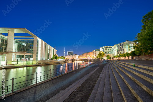 Evening skyline view of Berlin river Spreee. Germany