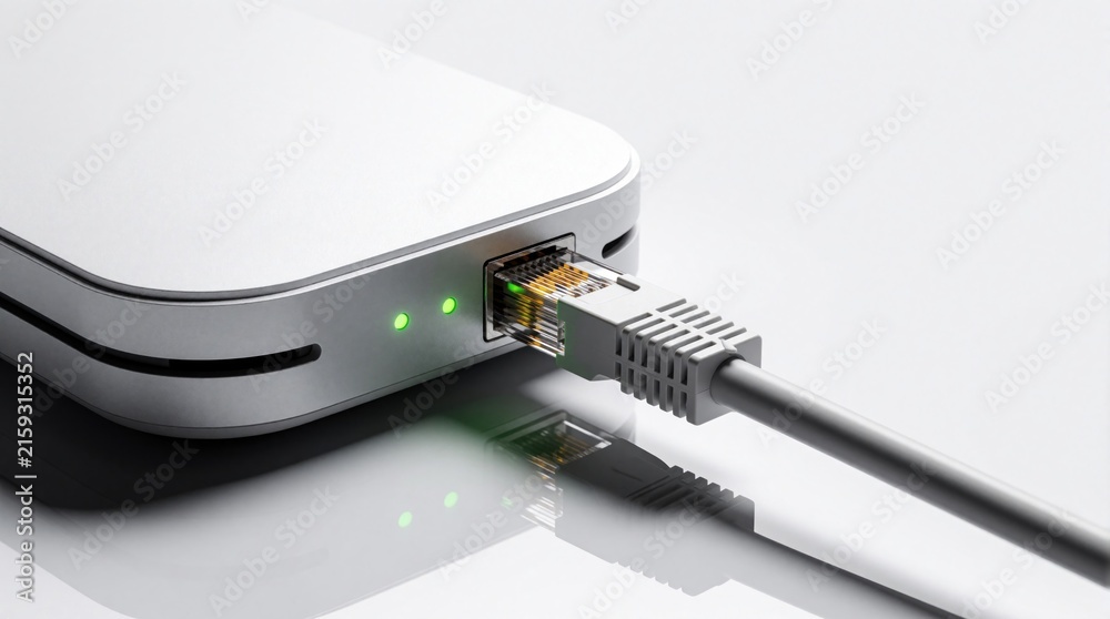 Fototapeta premium Modern white networking device with ethernet cable plugged in. Green LED indicator lights show active internet connection. High tech hardware setup for data transfer, fast network communication,