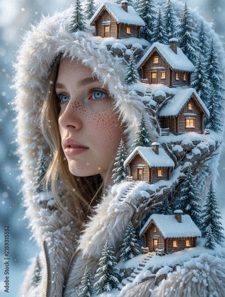 Naklejka premium Surreal portrait of young woman wearing cozy white fur hooded coat. Miniature snow covered wooden cabins, pine trees grow inside hood. Dreamy winter landscape concept with tiny village houses nestled