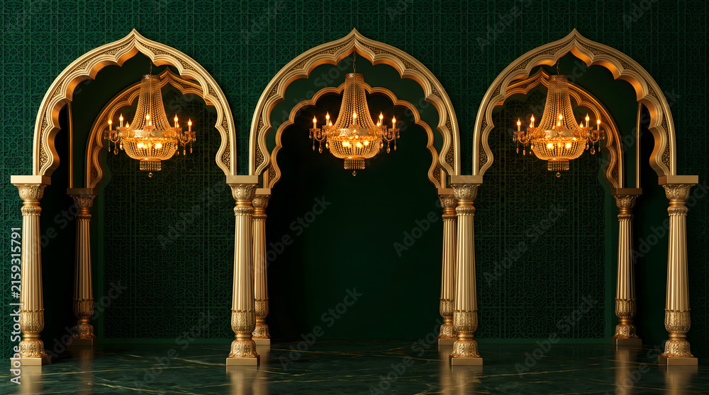 Fototapeta premium Luxury Islamic Triple Arch Palace Background with Golden Chandeliers on Dark Green Wall