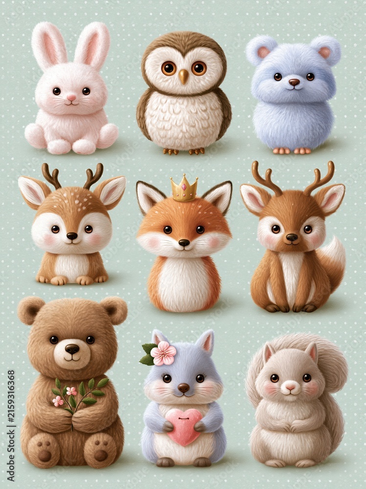 Fototapeta premium Charming Collection of Adorable Woodland Forest Animals with Soft Pastel Colors and Gentle Expressions