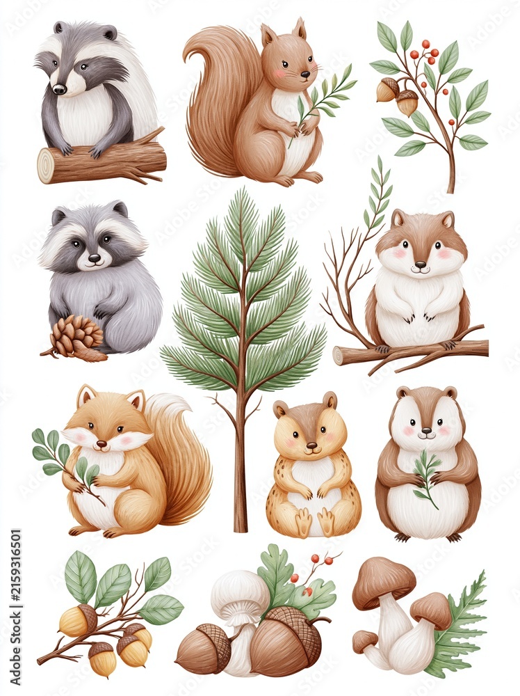 Fototapeta premium Charming Watercolor Forest Animals and Woodland Elements Collection for Children's Designs