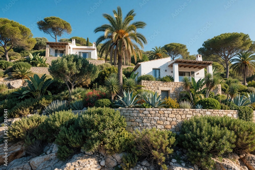 Fototapeta premium White Mediterranean villas nestle into a rich hillside. Tropical plants and palm trees surround stone terraces, under a clear blue sky. Homes offer stunning coastal views and natural beauty.