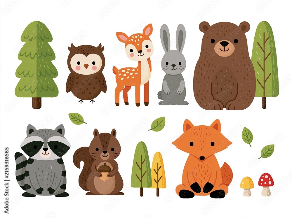 Fototapeta premium Adorable Forest Animals Collection: Cute Woodland Creatures and Nature Elements for Children's Designs