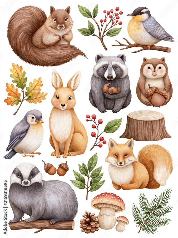 Fototapeta premium Charming forest woodland creatures and autumnal elements, perfect for nature-themed designs and illustrations