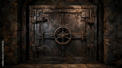 A heavy, old-fashioned metal vault door with a large central wheel lock set in a dimly lit, rustic stone wall.