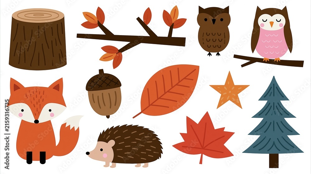 Fototapeta premium Charming Autumn Forest Woodland Creatures and Elements Collection for Seasonal Design