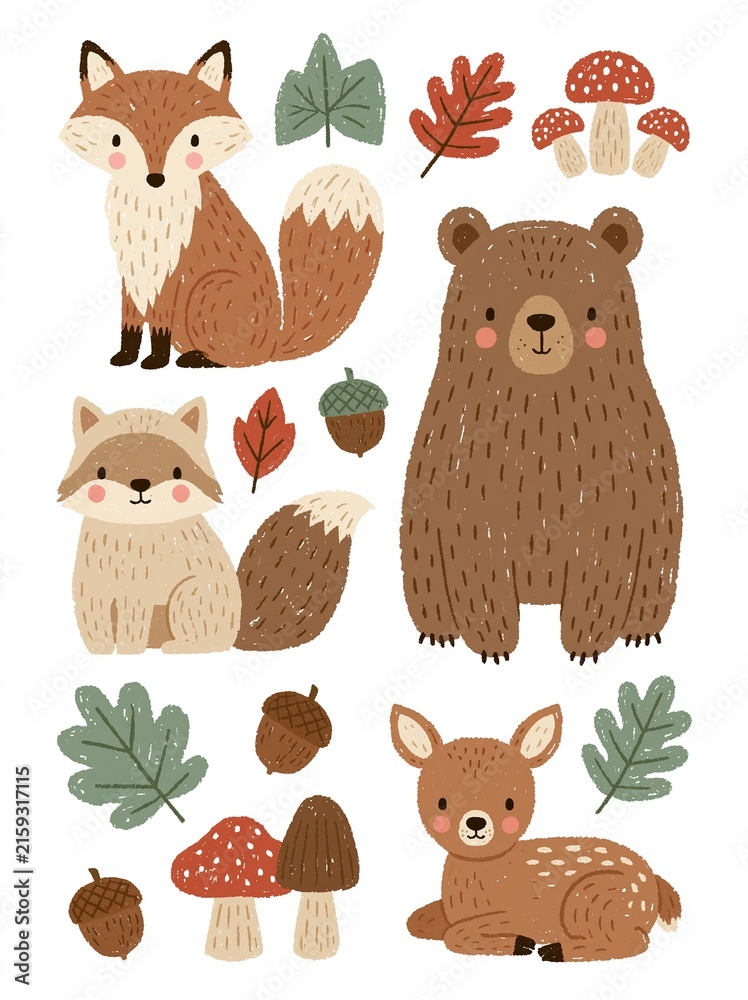 Fototapeta premium Charming Woodland Creatures and Autumn Elements: Fox, Bear, Raccoon, Deer, Mushrooms, and Acorns Illustration