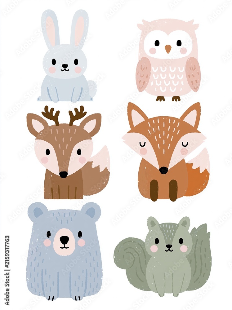 Fototapeta premium Charming Woodland Creatures Collection: Adorable Cartoon Animals for Children's Designs and Decor