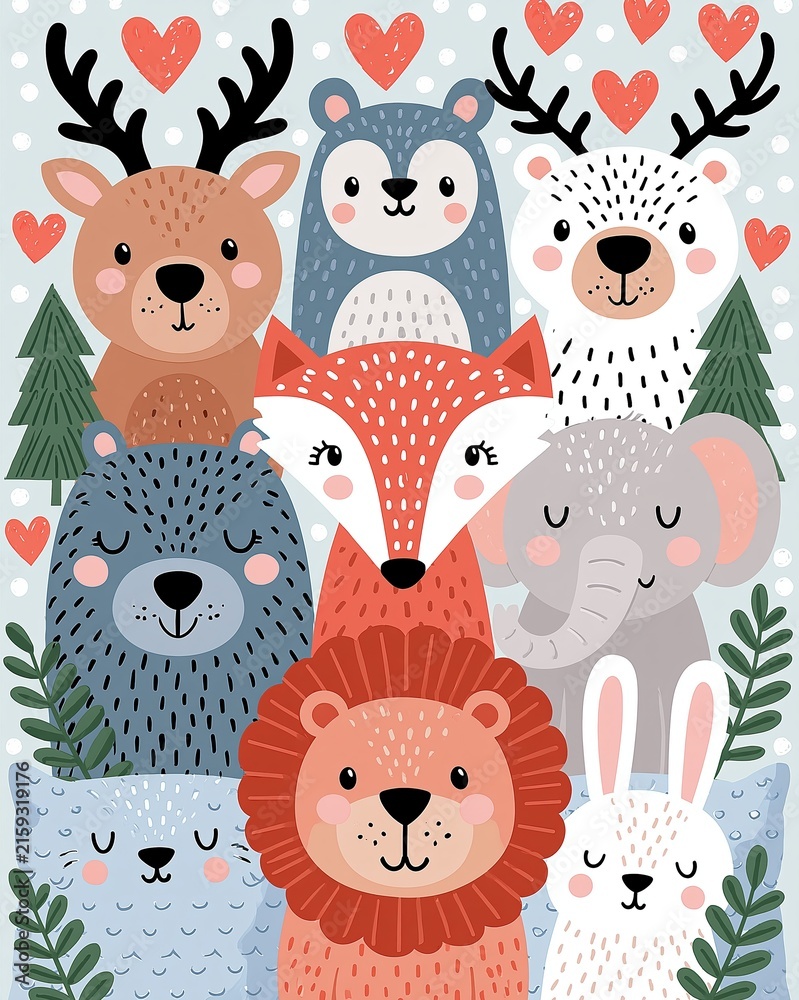 Fototapeta premium Charming Collection of Adorable Forest Animals with Hearts, Perfect for Kids' Designs