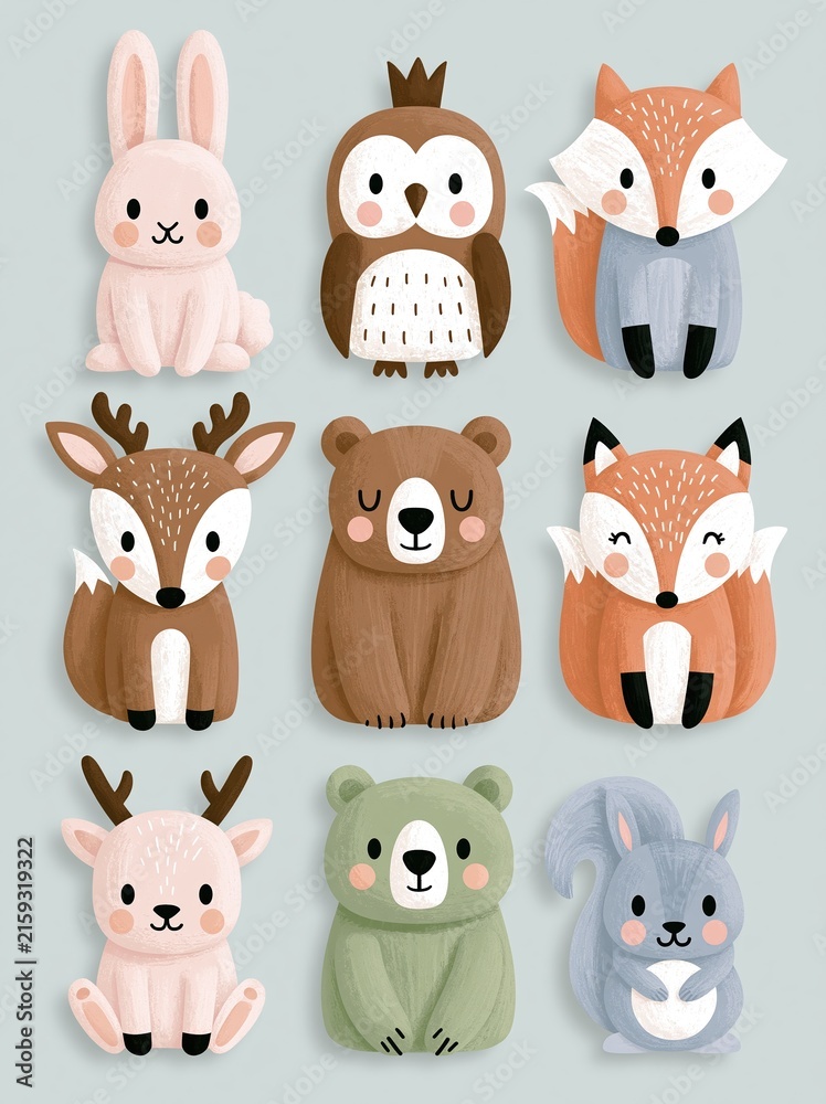 Fototapeta premium Collection of Cute Forest Animals with Whimsical Illustrations for Children's Designs
