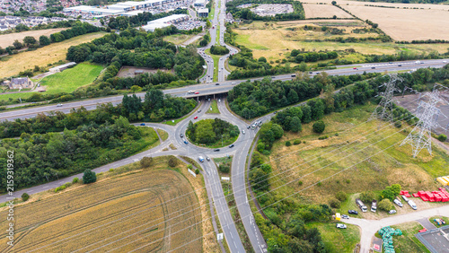 Canvas Print Bird's-eye view of two roundabouts junction at Straiton on A720 Edinburgh City B