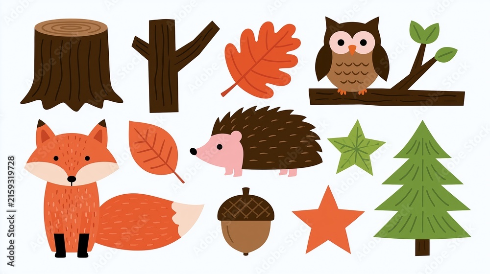 Fototapeta premium Charming Autumn Forest Woodland Creatures and Elements Collection for Seasonal Designs