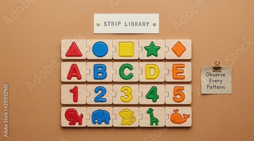Educational wooden puzzle set featuring colorful shapes, letters A to E, numbers 1 to 5, and animal icons arranged on a brown surface for early childhood learning and pattern observation developments.
