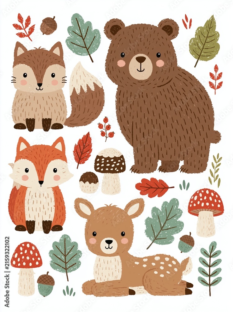 Fototapeta premium Cute Woodland Animals and Autumn Leaves Illustration for Children's Designs