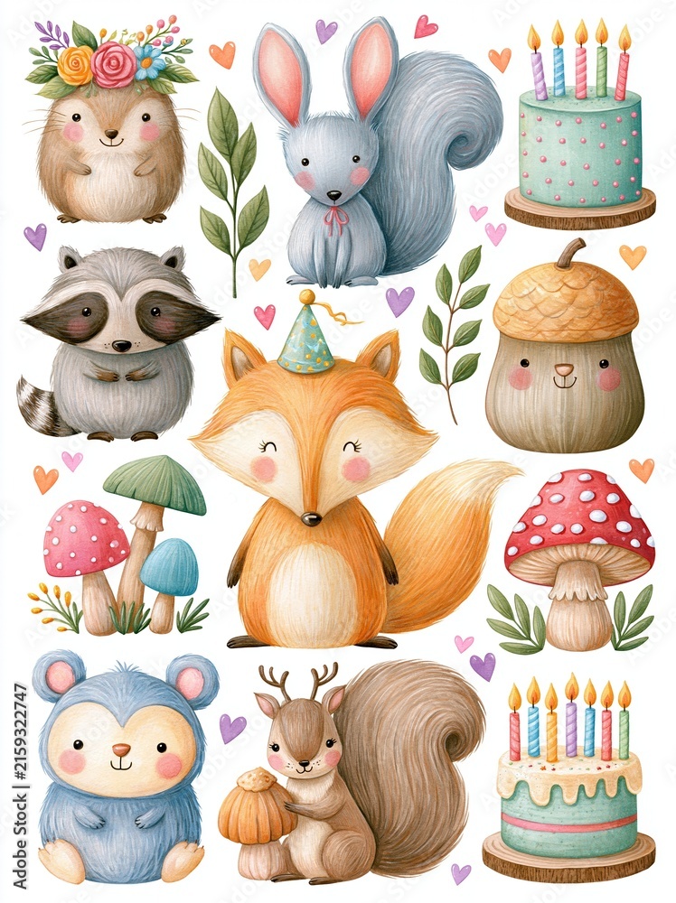 Fototapeta premium Charming Watercolor Forest Animals with Birthday Elements for Festive Celebrations