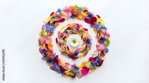 Colorful Concentric Floral Mandala Made of Flower Petals on White Background