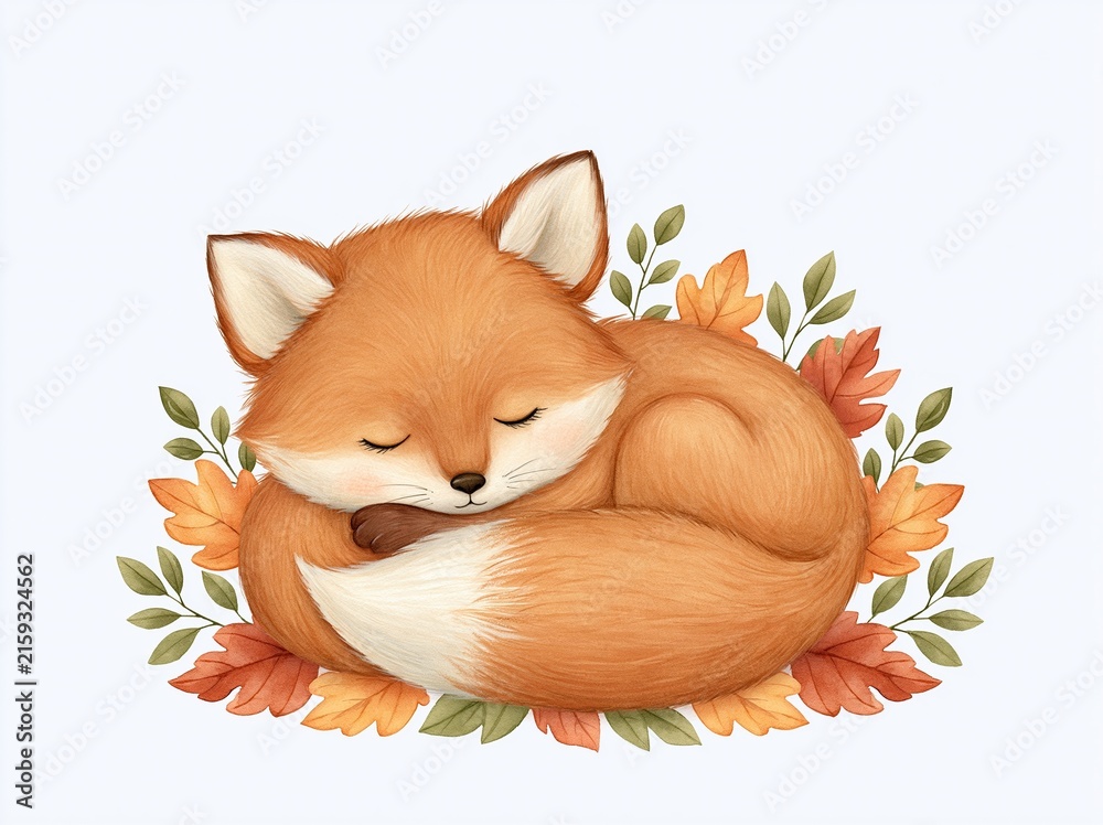 Obraz premium Adorable Sleeping Fox Curled Up Amongst Autumn Leaves in Gentle Watercolor Style