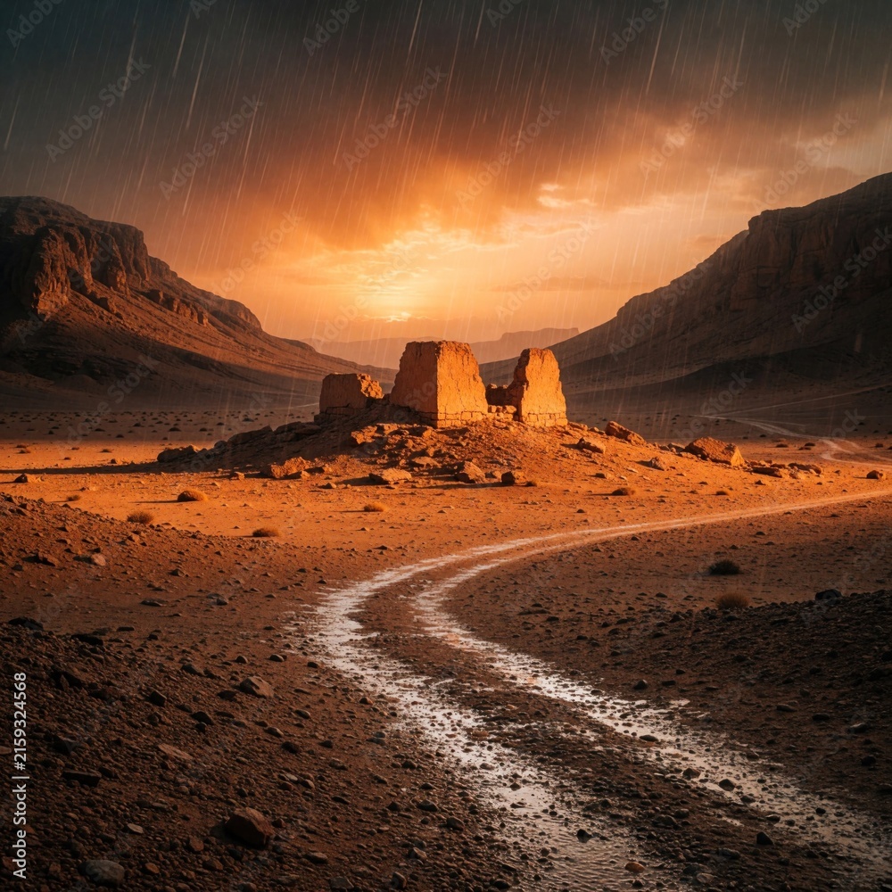 Fototapeta premium Ancient stone ruins glow under dramatic sunset in desert canyon. Heavy rain falls on arid landscape with sand dunes, rocky cliffs. Winding dirt road leads toward mysterious historical temple site