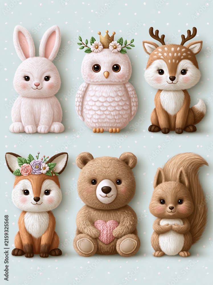 Obraz premium Adorable Forest Animals Collection: Cute Bunny, Owl, Deer, Fox, Bear, and Squirrel for Children's Designs