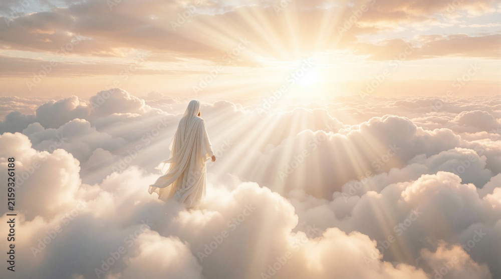 Naklejka premium Spiritual figure in white robes walks through fluffy clouds toward bright sun rays. Divine person stands in heavenly sky at golden hour. Ethereal light shines on calm celestial landscape for