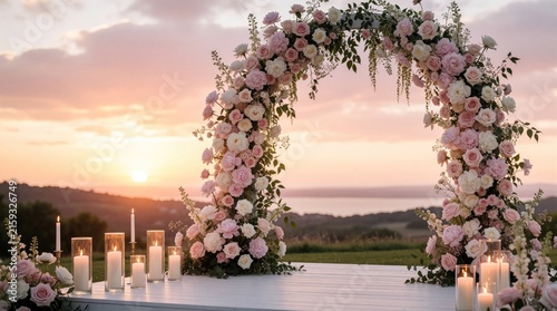 Floral wedding arch with roses and plants at sunset. Candles on altar create romantic ambiance for outdoor ceremony. Beautiful natural landscape background.