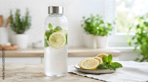 Fresh Detox Infused Water Bottle with Lemon Slices and Mint on Kitchen Table