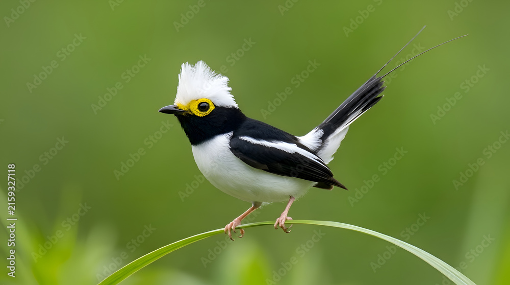Obraz premium Small black and white crested bird perches gracefully on a thin blade of green grass.
