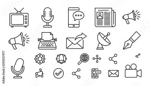  Multimedia Communications and Digital Public Relations Icon Set Featuring Broadcasting Equipment Journalism Media Outlets Content Sharing and Social Network Line Graphics
