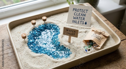 Detailed miniature environmental diorama showing clean water protection signs and sorted litter bags in the sandy tray, representing sustainability awareness and water conservation education projects.