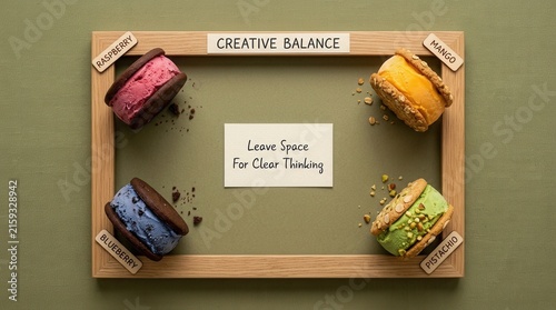 Four colorful gourmet ice cream sandwiches with raspberry blueberry mango and pistachio flavors arranged inside a wooden frame with motivational labels on a green background for creative design ideas.