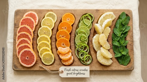 Fresh citrus fruit slices including grapefruit lemon lime orange and pomelo with mint leaves are arranged in a rustic wooden tray on linen cloth, perfect for healthy lifestyle and food concepts today.