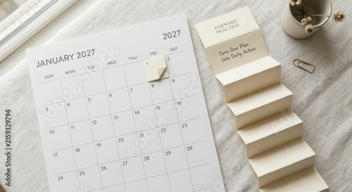 Minimalist January 2027 calendar and folded motivational planner note on a neutral textured surface, showcasing organizational tools for goal setting, daily productivity, and future planning