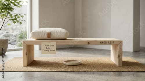 Minimalist wooden meditation bench with comfortable cushion and motivational note in a bright zen room setting, offering a peaceful atmosphere for mindfulness and mental clarity practice relax now ...