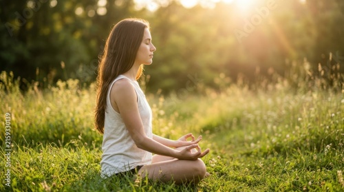 Peaceful young woman practicing yoga meditation in a sunny green meadow at sunset, serene woman sitting in lotus pose enjoying mindfulness and spiritual wellness in nature during golden hour