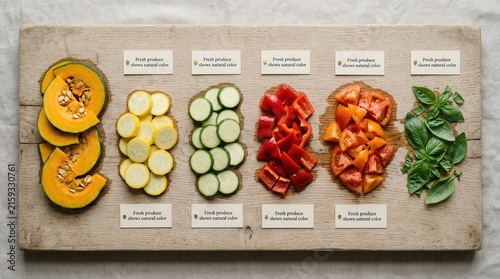 Various sliced organic vegetables like pumpkin, yellow zucchini, green cucumber, red pepper, tomato, and basil are neatly organized on a wooden board, representing healthy food and all natural colors.
