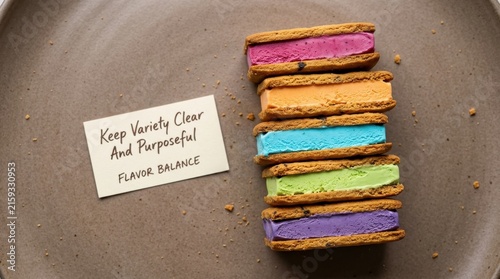 Vibrant assortment of gourmet ice cream sandwiches with colorful fillings stacked on a ceramic plate, representing creative food presentation and flavor balance for premium artisanal dessert menu set.