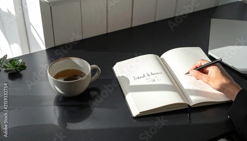 Person writing in a notebook next to a cup of coffee on a dark wooden table.